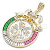 Dije Religioso 05.351.0152 Oro Laminado, Diseño de Moneda Centenario y Caballo, con Multicolor Cristal, Pulido, Dos Tonos