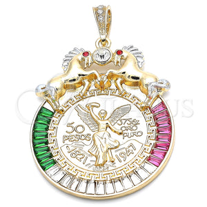 Dije Religioso 05.351.0152 Oro Laminado, Diseño de Moneda Centenario y Caballo, con Multicolor Cristal, Pulido, Dos Tonos