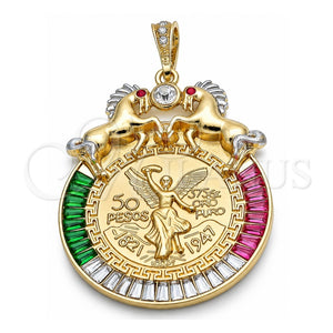 Dije Religioso 05.351.0152 Oro Laminado, Diseño de Moneda Centenario y Caballo, con Cristal Multicolor, Pulido, Dos Tonos