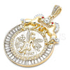 Dije Religioso 05.351.0152.1 Oro Laminado, Diseño de Moneda Centenario y Caballo, con Cristal Blanca y Granate, Pulido, Dos Tonos