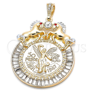 Dije Religioso 05.351.0152.1 Oro Laminado, Diseño de Moneda Centenario y Caballo, con Blanca and Granate Cristal, Pulido, Dos Tonos
