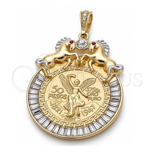 Dije Religioso 05.351.0152.1 Oro Laminado, Diseño de Moneda Centenario y Caballo, con Cristal Blanca y Granate, Pulido, Dos Tonos