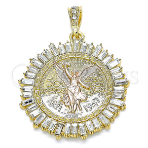 Dije Religioso 05.351.0153 Oro Laminado, Diseño de Moneda Centenario y Angel, con Blanca Cristal, Pulido, Tres Tonos