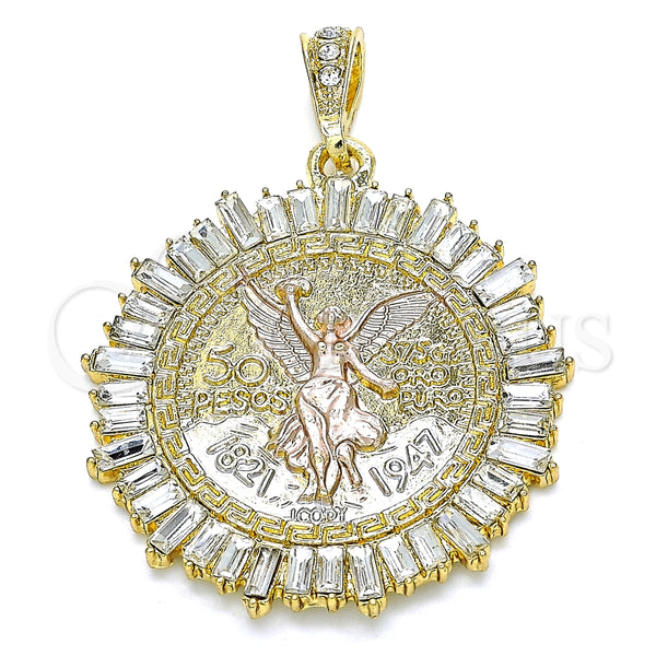Dije Religioso 05.351.0153 Oro Laminado, Diseño de Moneda Centenario y Angel, con Blanca Cristal, Pulido, Tres Tonos