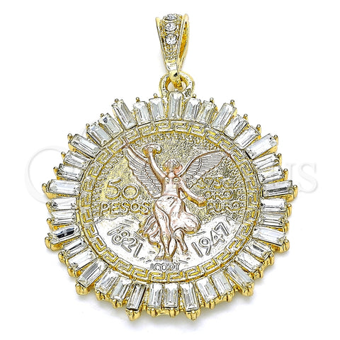 Dije Religioso 05.351.0153 Oro Laminado, Diseño de Moneda Centenario y Angel, con Blanca Cristal, Pulido, Tres Tonos