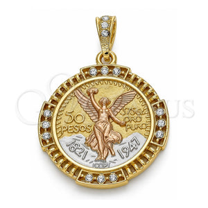 Dije Religioso 05.351.0156 Oro Laminado, Diseño de Moneda Centenario y Angel, con Cristal Blanca, Pulido, Tres Tonos