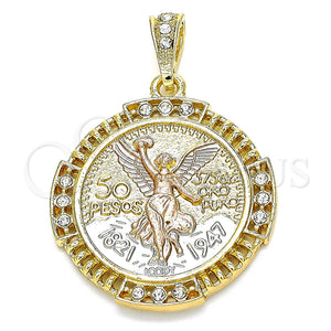 Dije Religioso 05.351.0156 Oro Laminado, Diseño de Moneda Centenario y Angel, con Blanca Cristal, Pulido, Tres Tonos