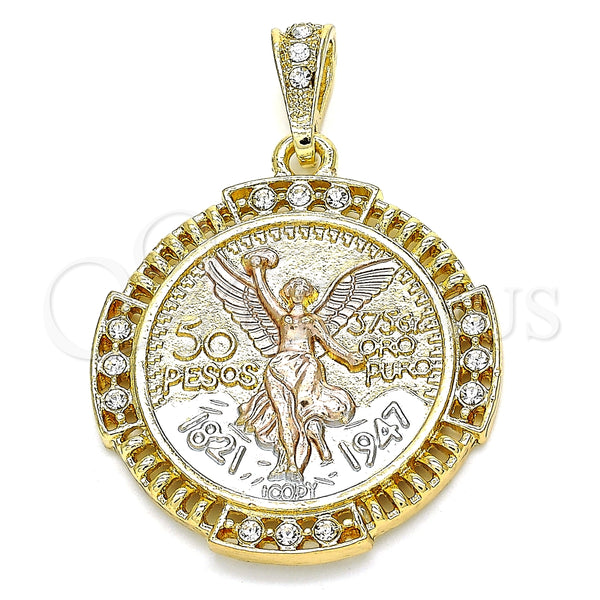 Dije Religioso 05.351.0156 Oro Laminado, Diseño de Moneda Centenario y Angel, con Blanca Cristal, Pulido, Tres Tonos