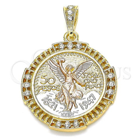 Dije Religioso 05.351.0156 Oro Laminado, Diseño de Moneda Centenario y Angel, con Blanca Cristal, Pulido, Tres Tonos