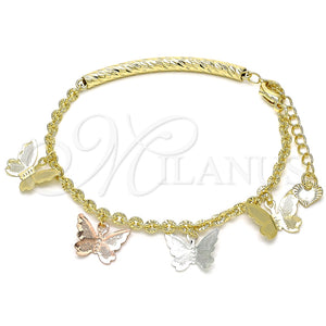 Pulsera de Dije 03.351.0101.07 Oro Laminado, Diseño de Mariposa, Diamantado, Tres Tonos (03 MM Thickness, 7 Inches Length)