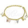 Pulsera de Dije 03.351.0101.07 Oro Laminado, Diseño de Mariposa, Diamantado, Tres Tonos (03 MM Thickness, 7 Inches Length)
