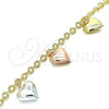 Pulsera de Dije 03.351.0102.07 Oro Laminado, Diseño de Corazón, Diamantado, Tres Tonos (04 MM Thickness, 7 Inches Length)