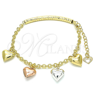 Pulsera de Dije 03.351.0102.07 Oro Laminado, Diseño de Corazón, Diamantado, Tres Tonos (04 MM Thickness, 7 Inches Length)