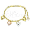 Pulsera de Dije 03.351.0102.07 Oro Laminado, Diseño de Corazón, Diamantado, Tres Tonos (04 MM Thickness, 7 Inches Length)