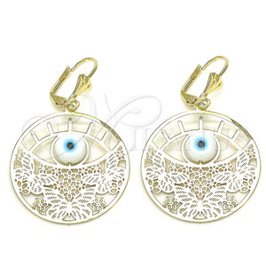 Arete Colgante 02.351.0098 Oro Laminado, Diseño de Mariposa y Ojo Griego, con Blanca Madre Perla, Pulido, Tono Dorado