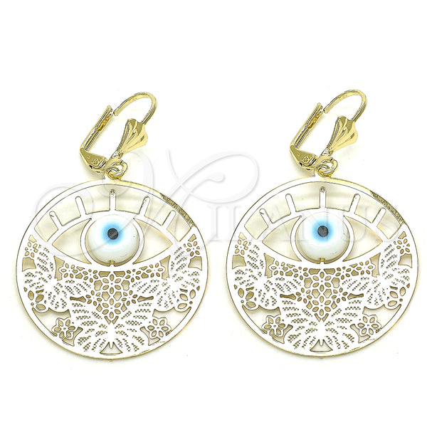 Arete Colgante 02.351.0098 Oro Laminado, Diseño de Mariposa y Ojo Griego, con Blanca Madre Perla, Pulido, Tono Dorado