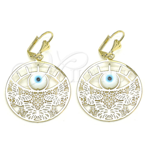 Arete Colgante 02.351.0098 Oro Laminado, Diseño de Mariposa y Ojo Griego, con Blanca Madre Perla, Pulido, Tono Dorado