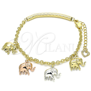 Pulsera de Dije 03.351.0104.07 Oro Laminado, Diseño de Elefante, Diamantado, Tres Tonos (04 MM Thickness, 7 Inches Length)