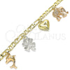 Pulsera de Dije 03.351.0105.08 Oro Laminado, Diseño de Corazón y Elefante, Pulido, Tres Tonos (05 MM Thickness, 8 Inches Length)