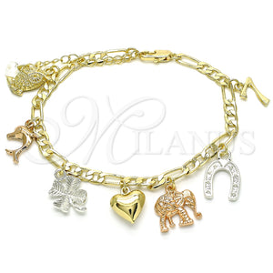 Pulsera de Dije 03.351.0105.08 Oro Laminado, Diseño de Corazón y Elefante, Pulido, Tres Tonos (05 MM Thickness, 8 Inches Length)