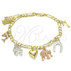 Pulsera de Dije 03.351.0105.08 Oro Laminado, Diseño de Corazón y Elefante, Pulido, Tres Tonos (05 MM Thickness, 8 Inches Length)