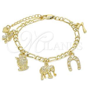 Pulsera de Dije 03.351.0027.1.07 Oro Laminado, Diseño de Búho y Elefante, Pulido, Tono Dorado (05 MM Thickness, 7 Inches Length)