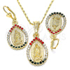 Juego de Arete y Dije de Adulto 10.351.0012 Oro Laminado, Diseño de Guadalupe y Gota, con Multicolor Cristal, Pulido, Tono Dorado