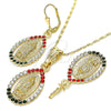 Juego de Arete y Dije de Adulto 10.351.0012 Oro Laminado, Diseño de Guadalupe y Gota, con Multicolor Cristal, Pulido, Tono Dorado