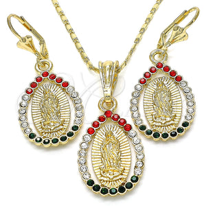 Juego de Arete y Dije de Adulto 10.351.0012 Oro Laminado, Diseño de Guadalupe y Gota, con Multicolor Cristal, Pulido, Tono Dorado
