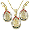 Juego de Arete y Dije de Adulto 10.351.0012 Oro Laminado, Diseño de Guadalupe y Gota, con Multicolor Cristal, Pulido, Tono Dorado