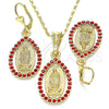 Juego de Arete y Dije de Adulto 10.351.0012.1 Oro Laminado, Diseño de Guadalupe y Gota, con Granate Cristal, Pulido, Tono Dorado