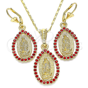 Juego de Arete y Dije de Adulto 10.351.0012.1 Oro Laminado, Diseño de Guadalupe y Gota, con Granate Cristal, Pulido, Tono Dorado