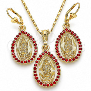 Juego de Arete y Dije de Adulto 10.351.0012.1 Oro Laminado, Diseño de Guadalupe y Gota, con Granate Cristal, Pulido, Tono Dorado