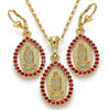 Juego de Arete y Dije de Adulto 10.351.0012.1 Oro Laminado, Diseño de Guadalupe y Gota, con Granate Cristal, Pulido, Tono Dorado