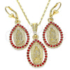 Juego de Arete y Dije de Adulto 10.351.0012.1 Oro Laminado, Diseño de Guadalupe y Gota, con Granate Cristal, Pulido, Tono Dorado