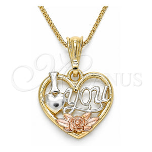 Collares con Dije 04.351.0012.20 Oro Laminado, Diseño de Corazón y Flor, Pulido, Tres Tonos (Grosor 02 MM, 20 Pulgadas de Largo)