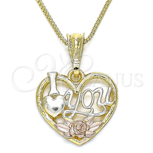Collares con Dije 04.351.0012.20 Oro Laminado, Diseño de Corazón y Flor, Pulido, Tres Tonos (02 MM Thickness, 20 Inches Length)