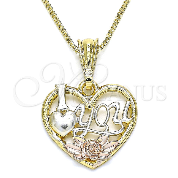 Collares con Dije 04.351.0012.20 Oro Laminado, Diseño de Corazón y Flor, Pulido, Tres Tonos (02 MM Thickness, 20 Inches Length)