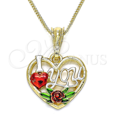 Collares con Dije 04.351.0012.1.20 Oro Laminado, Diseño de Corazón y Flor, Pulido, Tres Tonos (02 MM Thickness, 20 Inches Length)
