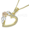 Collares con Dije 04.351.0013.1.20 Oro Laminado, Diseño de Corazón y Flor, Pulido, Tres Tonos (02 MM Thickness, 20 Inches Length)