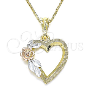 Collares con Dije 04.351.0013.1.20 Oro Laminado, Diseño de Corazón y Flor, Pulido, Tres Tonos (02 MM Thickness, 20 Inches Length)