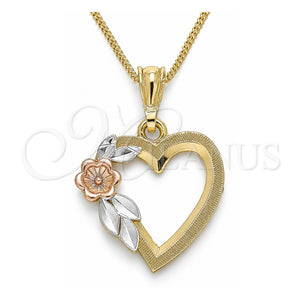 Collares con Dije 04.351.0013.1.20 Oro Laminado, Diseño de Corazón y Flor, Pulido, Tres Tonos (Grosor 02 MM, 20 Pulgadas de Largo)