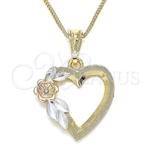 Collares con Dije 04.351.0013.1.20 Oro Laminado, Diseño de Corazón y Flor, Pulido, Tres Tonos (02 MM Thickness, 20 Inches Length)
