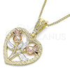 Collares con Dije 04.351.0014.20 Oro Laminado, Diseño de Corazón y Flor, Pulido, Tres Tonos (02 MM Thickness, 20 Inches Length)