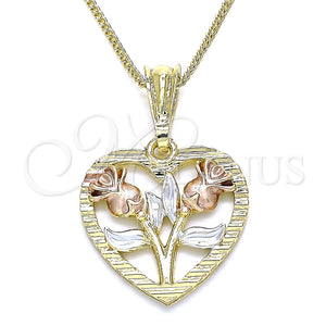 Collares con Dije 04.351.0014.20 Oro Laminado, Diseño de Corazón y Flor, Pulido, Tres Tonos (02 MM Thickness, 20 Inches Length)