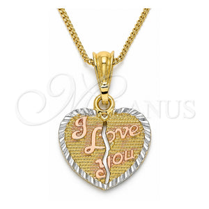 Collares con Dije 04.351.0017.1.20 Oro Laminado, Diseño de Corazón y Amor, Pulido, Tres Tonos (Grosor 02 MM, 20 Pulgadas de Largo)