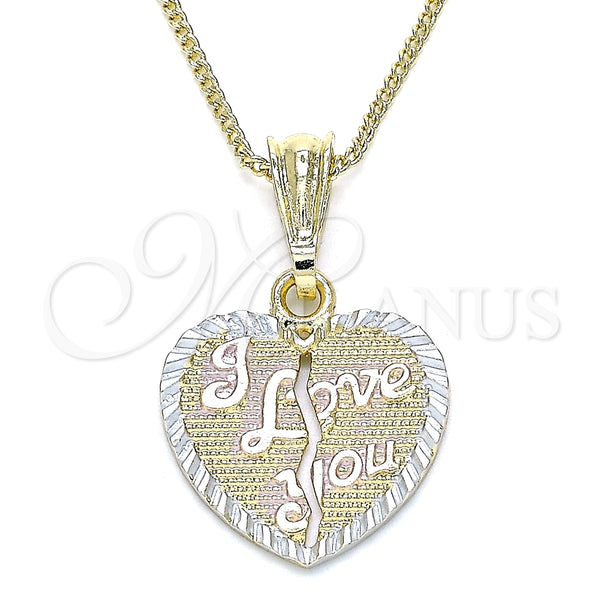 Collares con Dije 04.351.0017.1.20 Oro Laminado, Diseño de Corazón y Amor, Pulido, Tres Tonos (02 MM Thickness, 20 Inches Length)