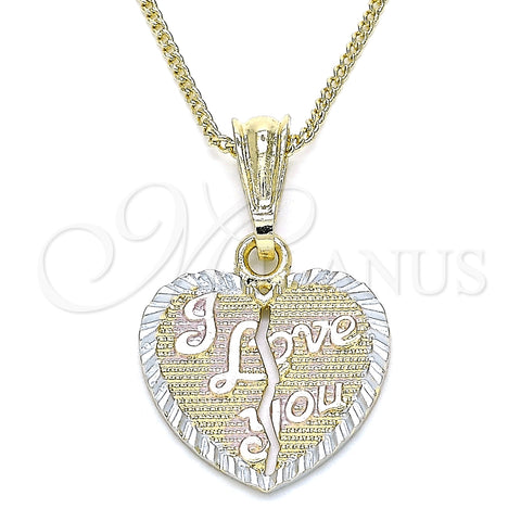 Collares con Dije 04.351.0017.1.20 Oro Laminado, Diseño de Corazón y Amor, Pulido, Tres Tonos (02 MM Thickness, 20 Inches Length)