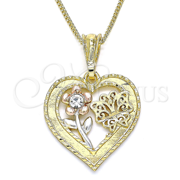 Collares con Dije 04.351.0018.20 Oro Laminado, Diseño de Corazón y Flor, con Blanca Cristal, Pulido, Tres Tonos (02 MM Thickness, 20 Inches Length)