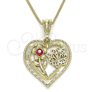 Collares con Dije 04.351.0018.1.20 Oro Laminado, Diseño de Corazón y Flor, con Granate Cristal, Pulido, Tono Dorado (02 MM Thickness, 20 Inches Length)
